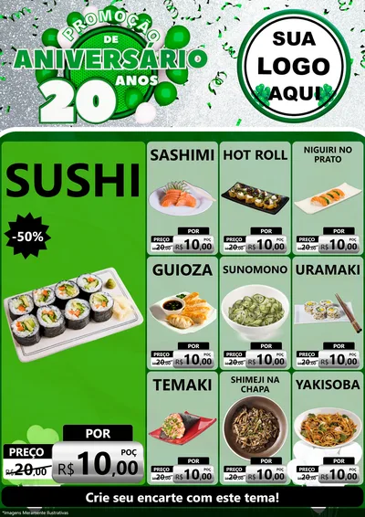 Modelo de Encarte para Encarte A4 Vertical com o tema Promoção de Aniversário - 20 Anos para Comida japonesa