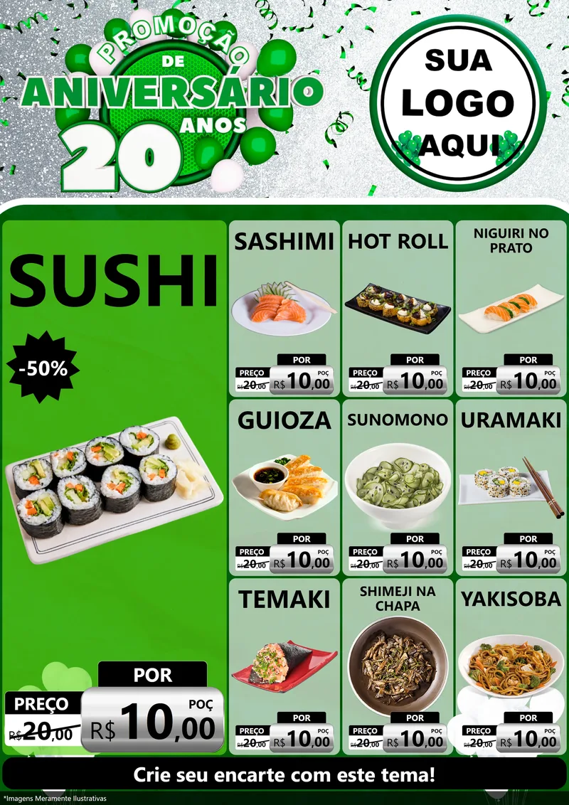 Modelo de Encarte para Encarte A4 Vertical com o tema Promoção de Aniversário - 20 Anos para Comida japonesa