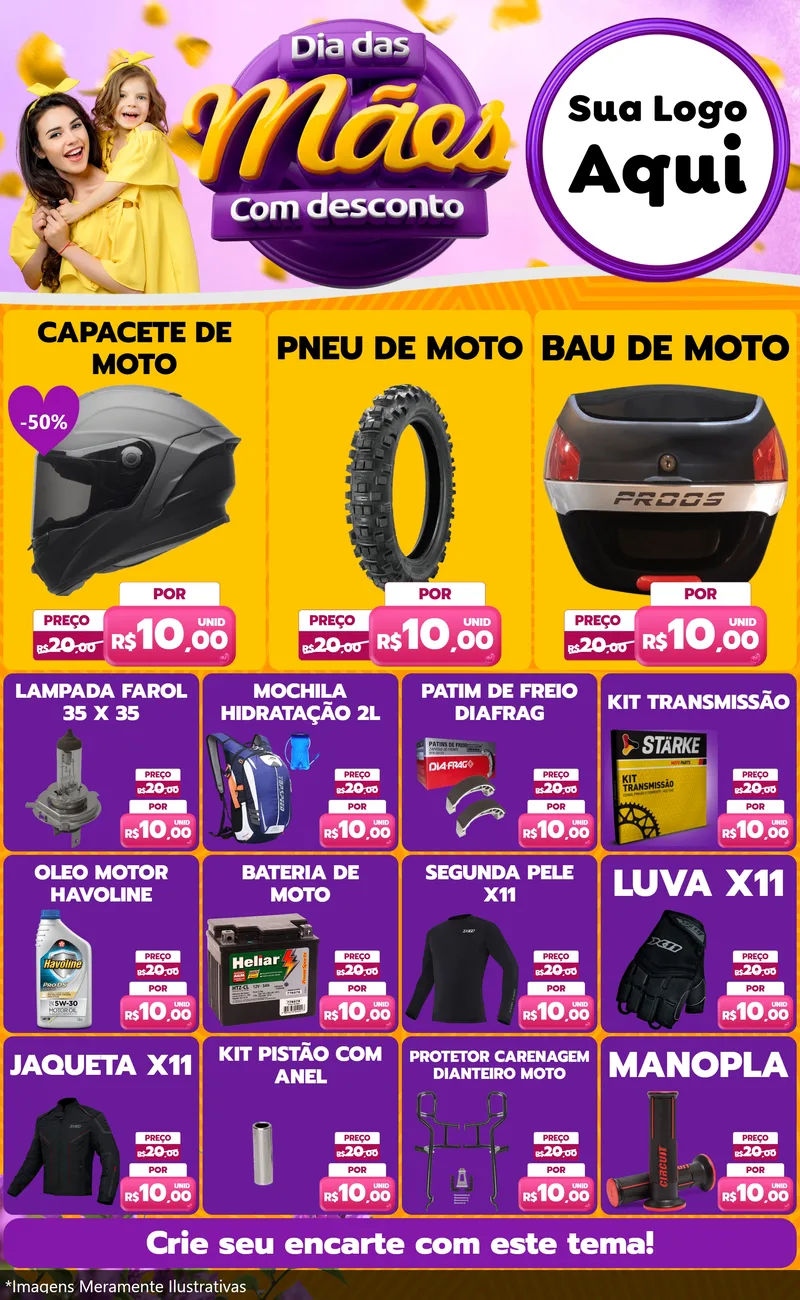 Modelo de Encarte para Encarte Grande com o tema Dia das Mães com Desconto para Moto peças