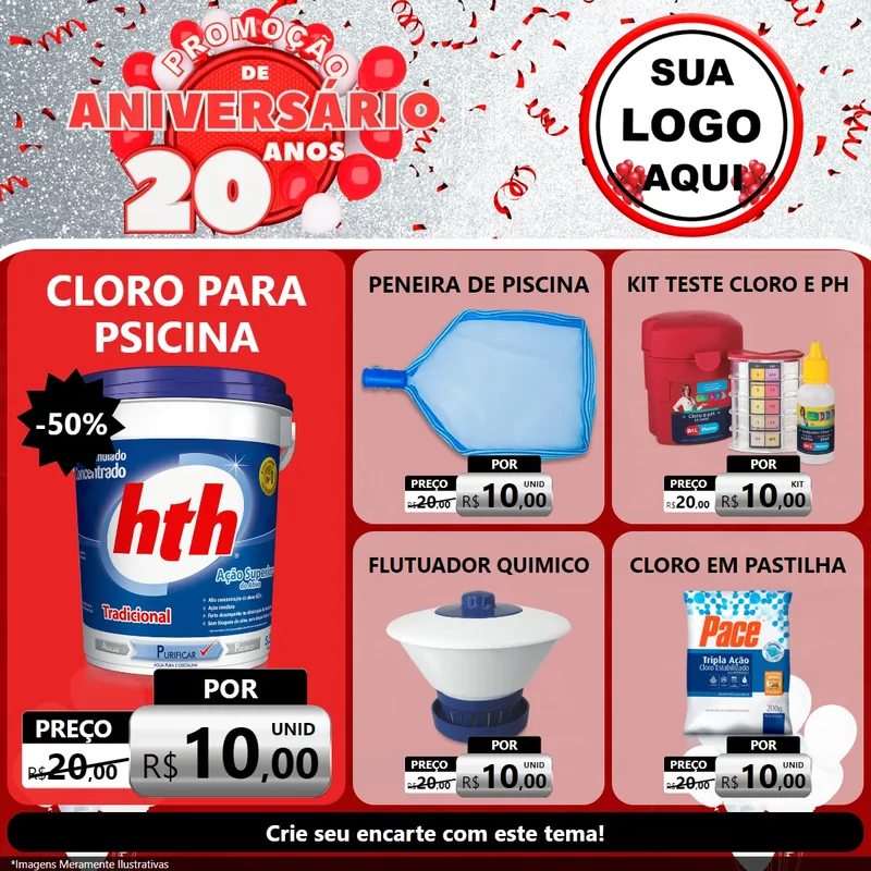 Modelo de Rede Social para Feed Facebook com o tema Promoção de Aniversário - 20 Anos para Produtos para Piscina