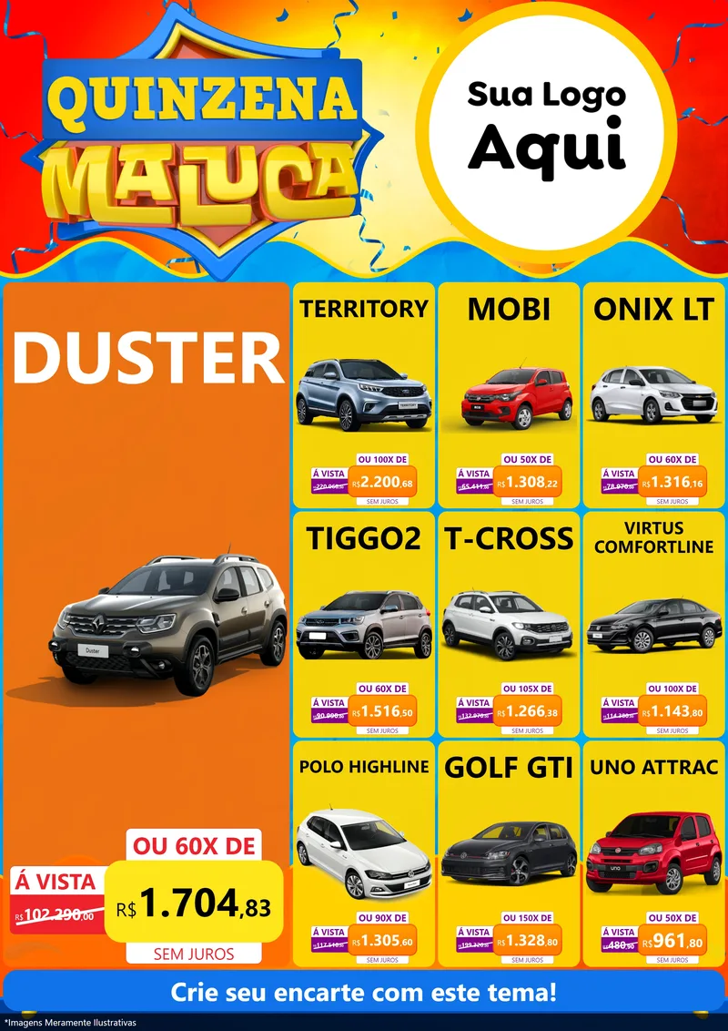 Modelo de Encarte para Encarte A4 Vertical com o tema Quinzena Maluca para Concessionaria de Carros