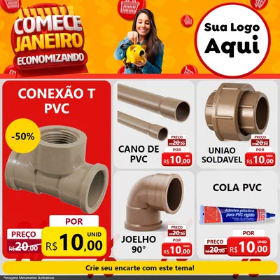 Modelo de Rede Social para Feed Facebook com o tema Comece Janeiro Economizando para Tubos e conexões
