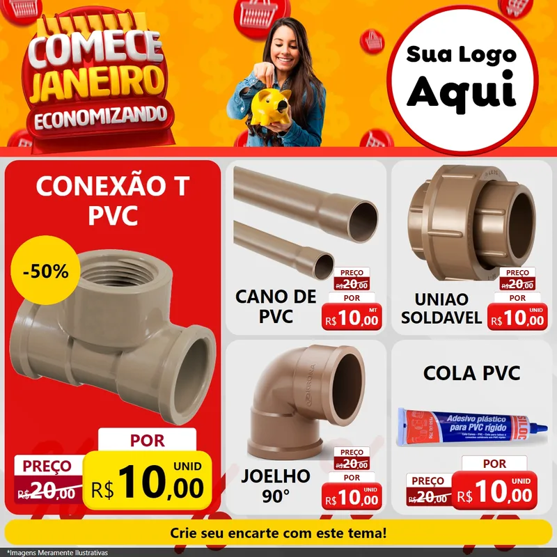 Modelo de Rede Social para Feed Facebook com o tema Comece Janeiro Economizando para Tubos e conexões