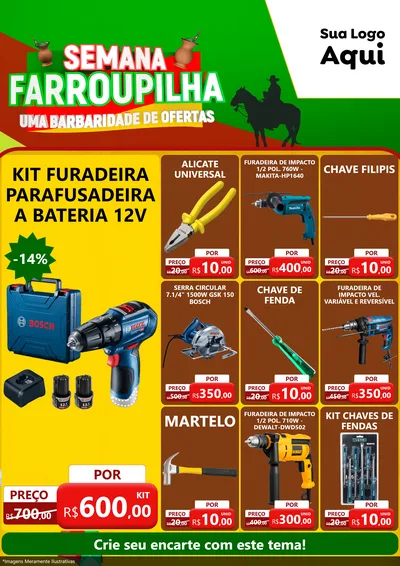 Modelo de Encarte para Encarte A4 Vertical com o tema Semana Farroupilha - Uma Barbaridade de Ofertas para Maquinas e Ferramentas