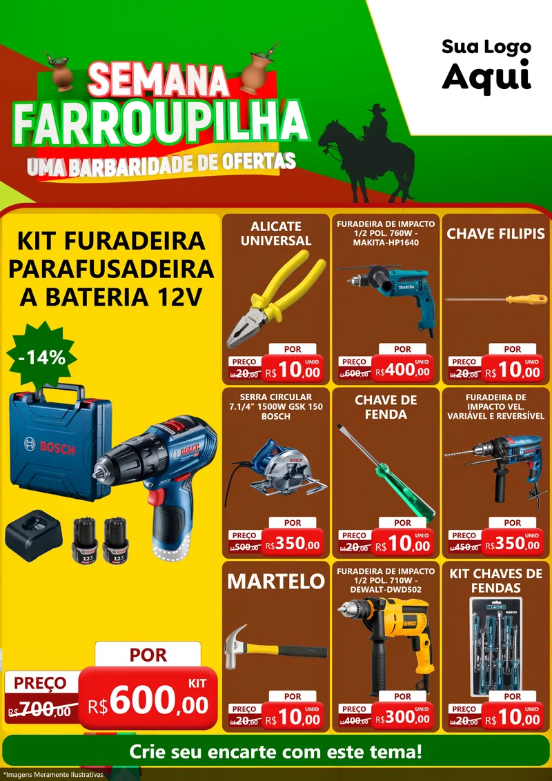 Modelo de Encarte para Encarte A4 Vertical com o tema Semana Farroupilha - Uma Barbaridade de Ofertas para Maquinas e Ferramentas