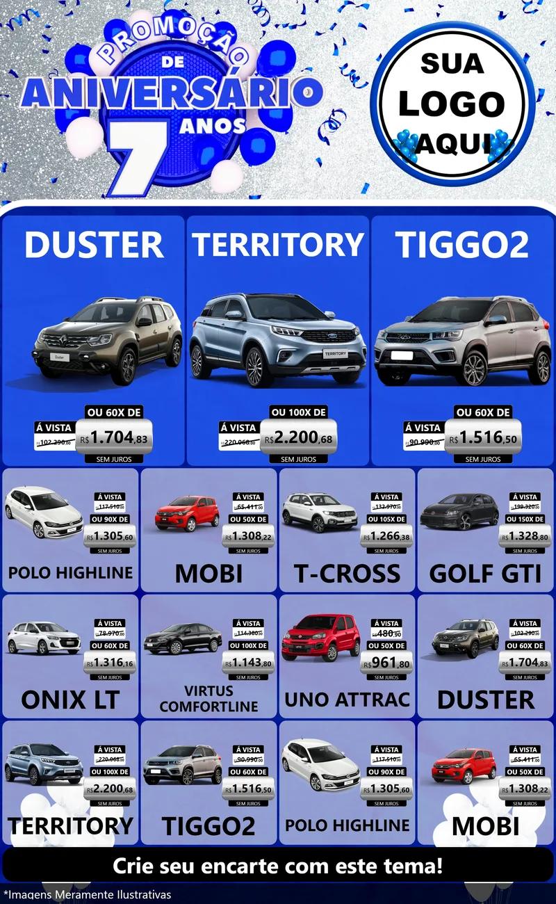Modelo de Encarte para Encarte Grande com o tema Promoção de Aniversário - 7 Anos para Concessionaria de Carros