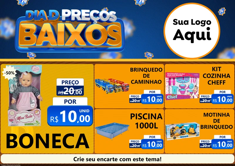 Modelo de Encarte para Encarte A4 Horizontal com o tema Dia D Preço Baixo para Brinquedos