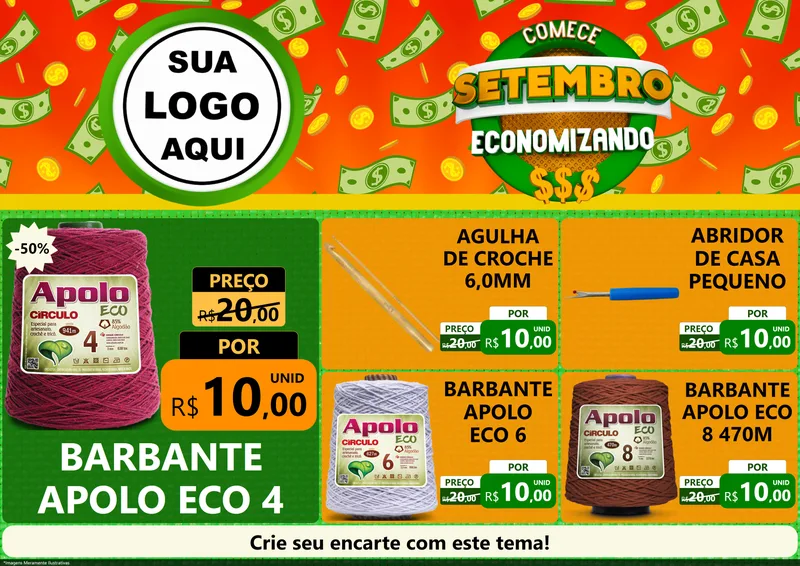 Modelo de Encarte para Encarte A4 Horizontal com o tema Comece Setembro Economizando para Armarinho e Aviamentos