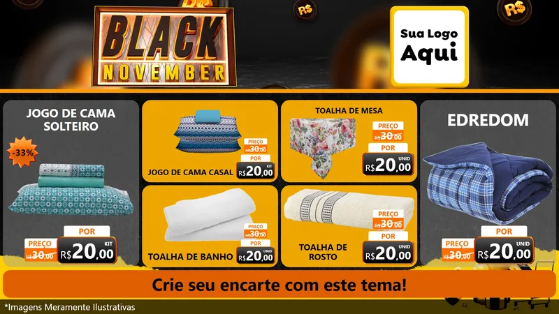 Modelo de TV para TV Horizontal com o tema Black November para Cama, Mesa e Banho