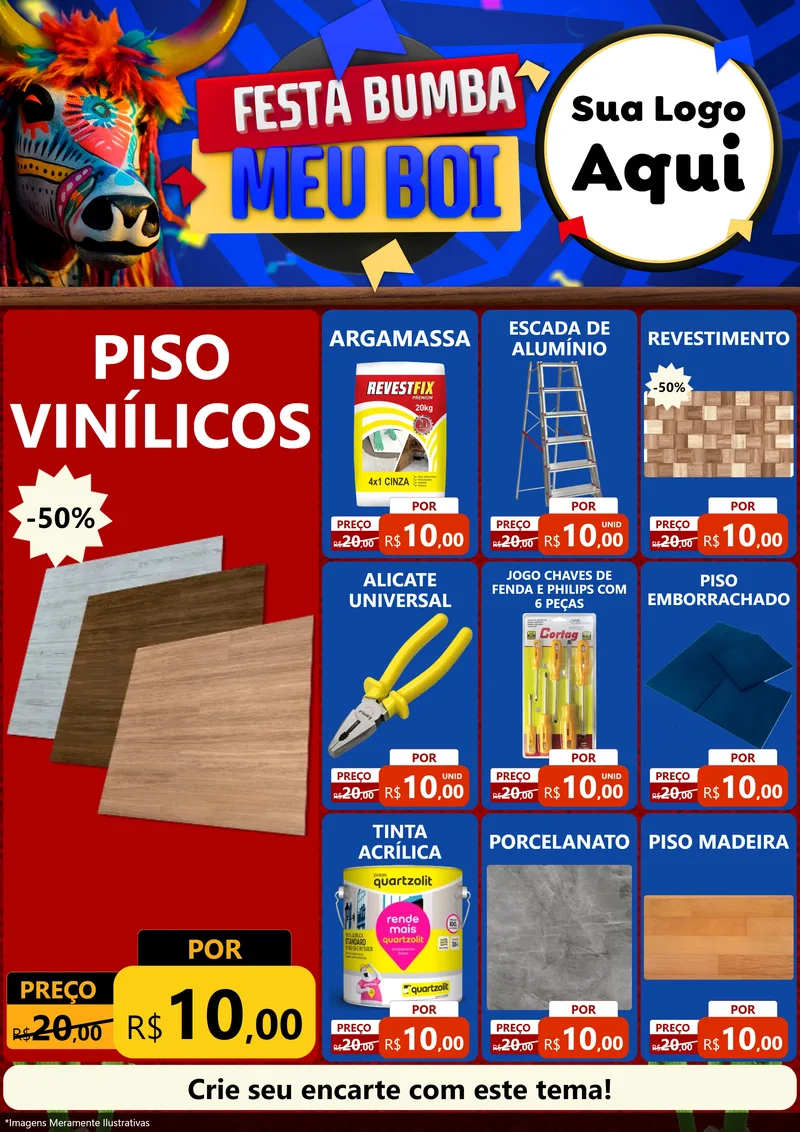 Modelo de Encarte para Encarte A4 Vertical com o tema Festa Bumba meu Boi para Material para Construção