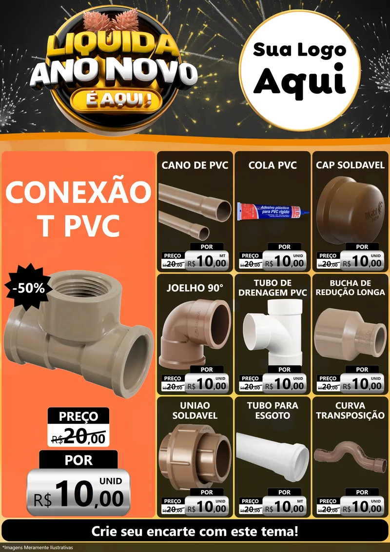 Modelo de Encarte para Encarte A4 Vertical com o tema Liquida Ano Novo É Aqui! para Tubos e conexões