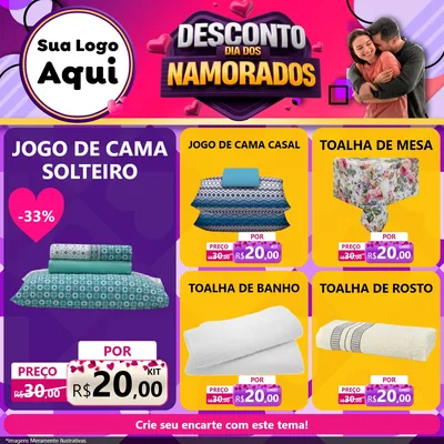 Modelo de Rede Social para Feed Facebook com o tema Desconto Dia dos Namorados para Cama, Mesa e Banho