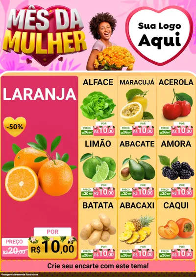 Modelo de Encarte para Encarte A4 Vertical com o tema Mês da Mulher para Hortifrúti