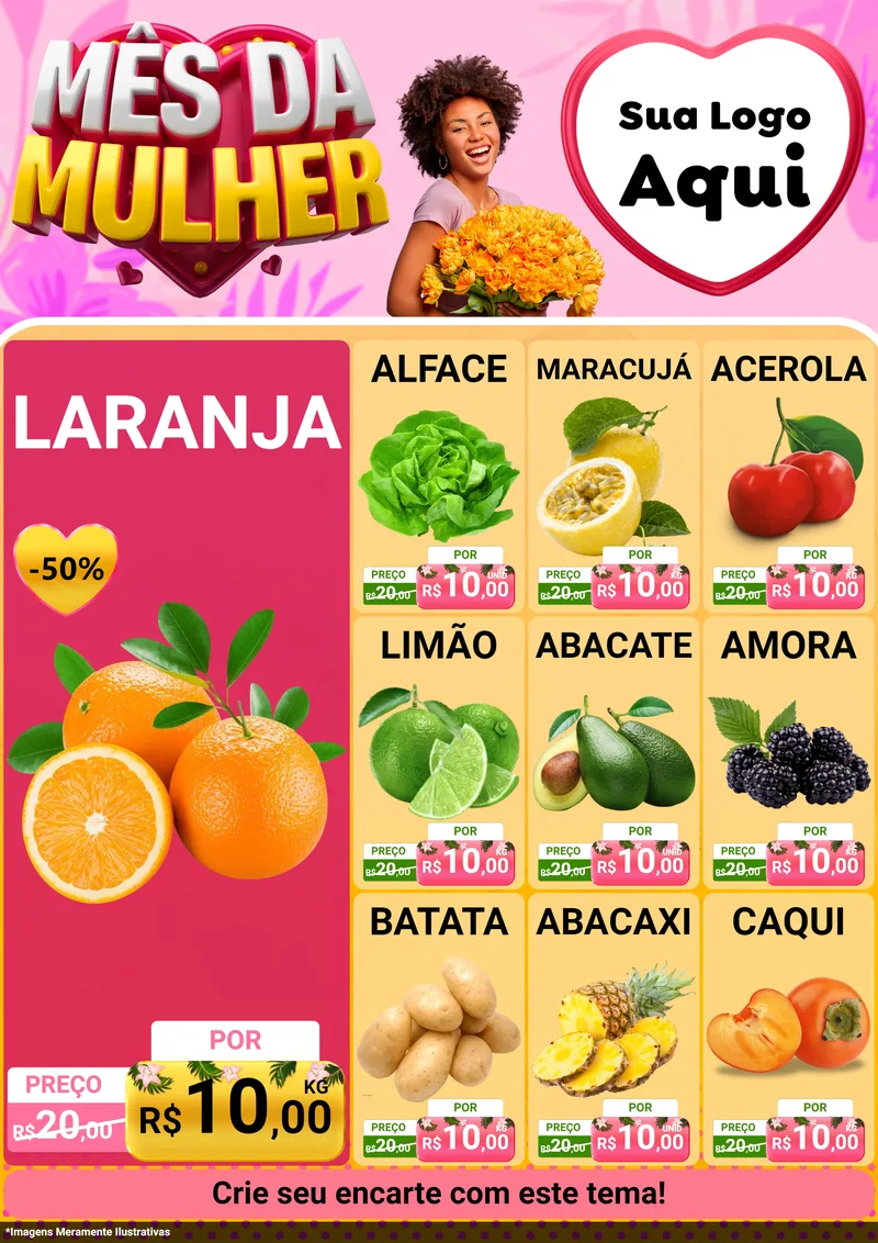 Modelo de Encarte para Encarte A4 Vertical com o tema Mês da Mulher para Hortifrúti