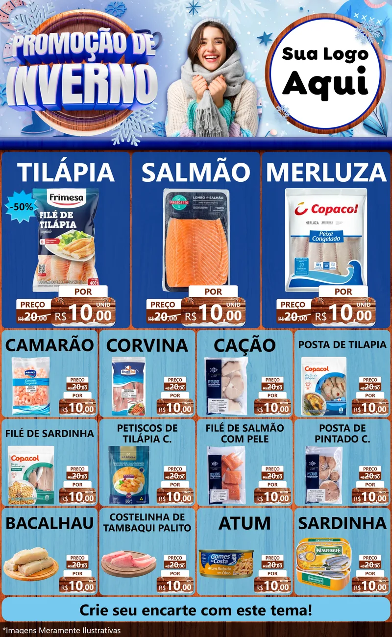 Modelo de Encarte para Encarte Grande com o tema Promoção de Inverno para Peixaria