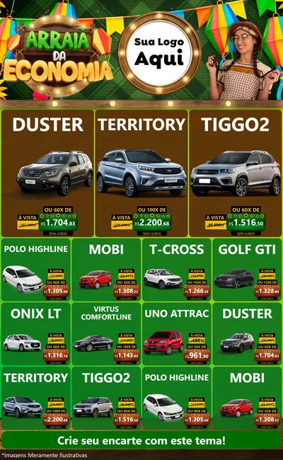Modelo de Encarte para Encarte Grande com o tema Arraiá de Economia para Concessionaria de Carros