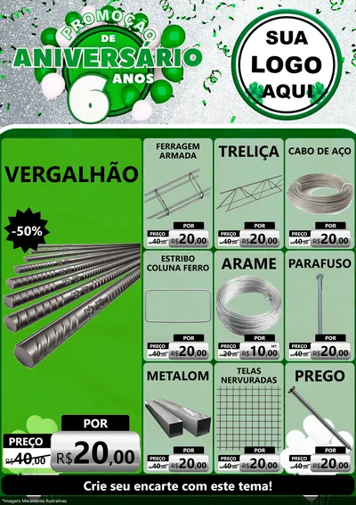 Modelo de Encarte para Encarte A4 Vertical com o tema Promoção de Aniversário - 6 Anos para Ferragens