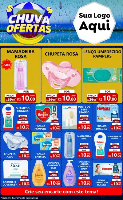 Modelo de Encarte para Encarte Grande com o tema Chuva de Ofertas para Bebês
