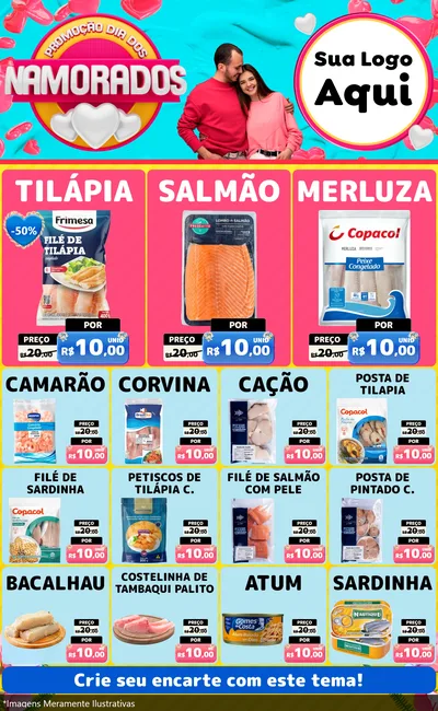 Modelo de Encarte para Encarte Grande com o tema Promoção Dia dos Namorados para Peixaria