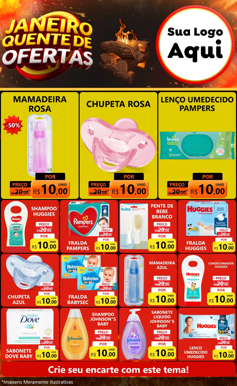 Modelo de Encarte para Encarte Grande com o tema Janeiro Quente de Ofertas para Bebês