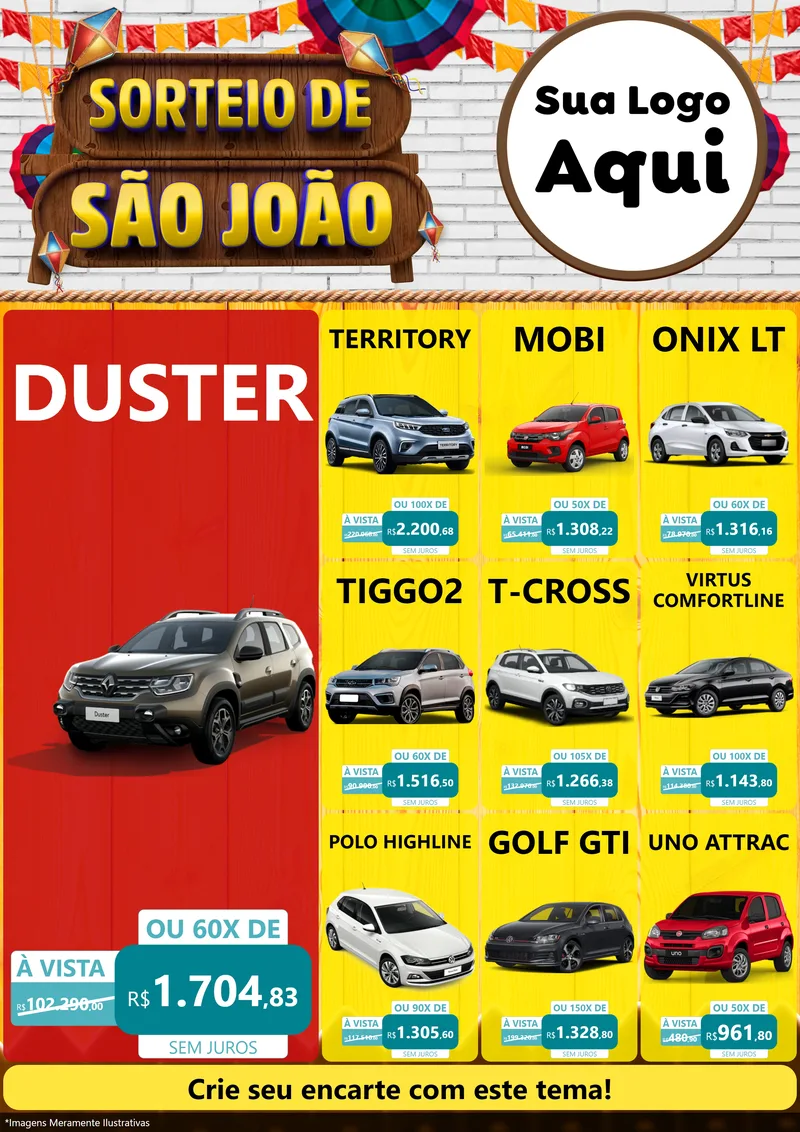 Modelo de Encarte para Encarte A4 Vertical com o tema Sorteio de São João para Concessionaria de Carros