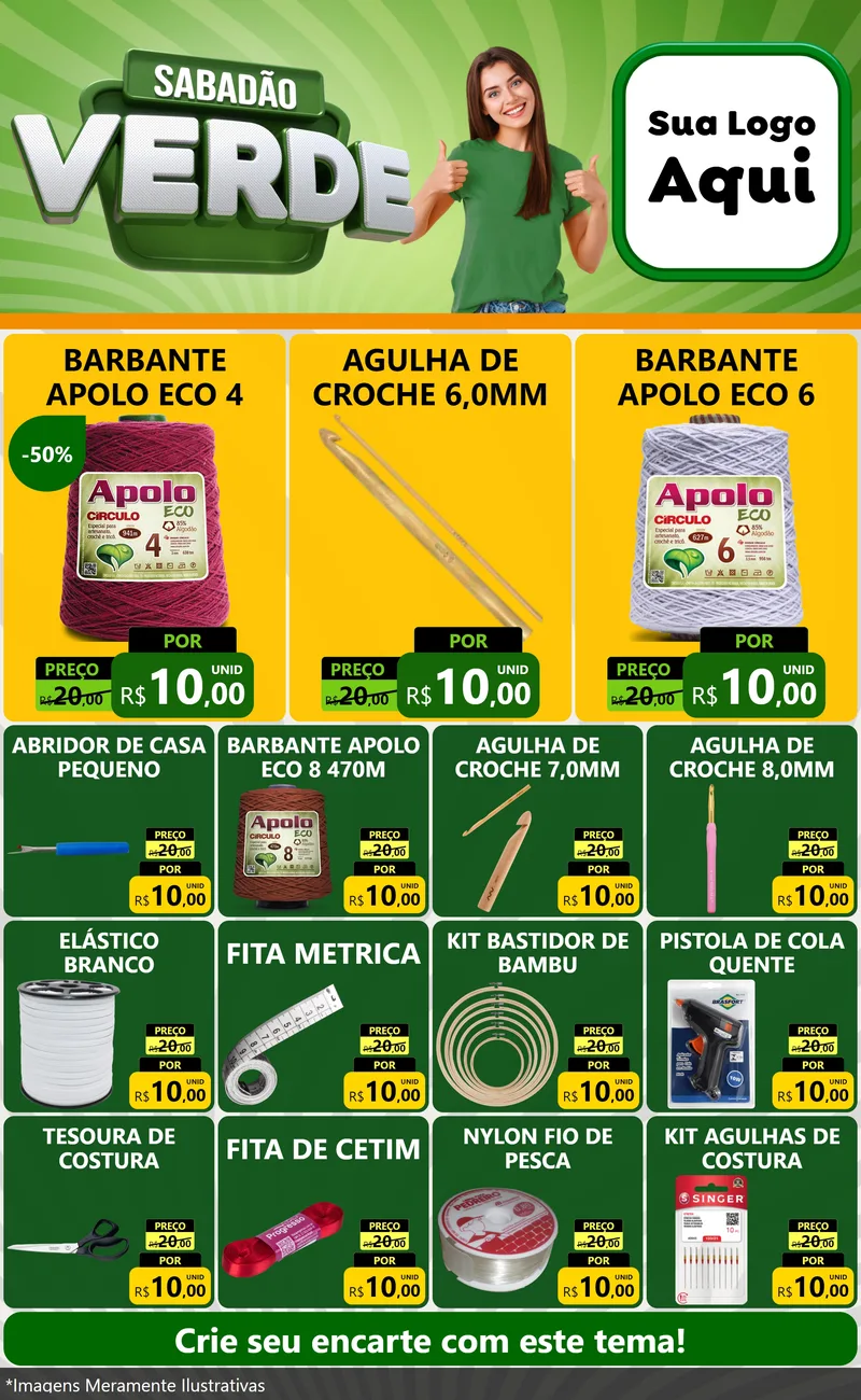 Modelo de Encarte para Encarte Grande com o tema Sabadão Verde para Armarinho e Aviamentos