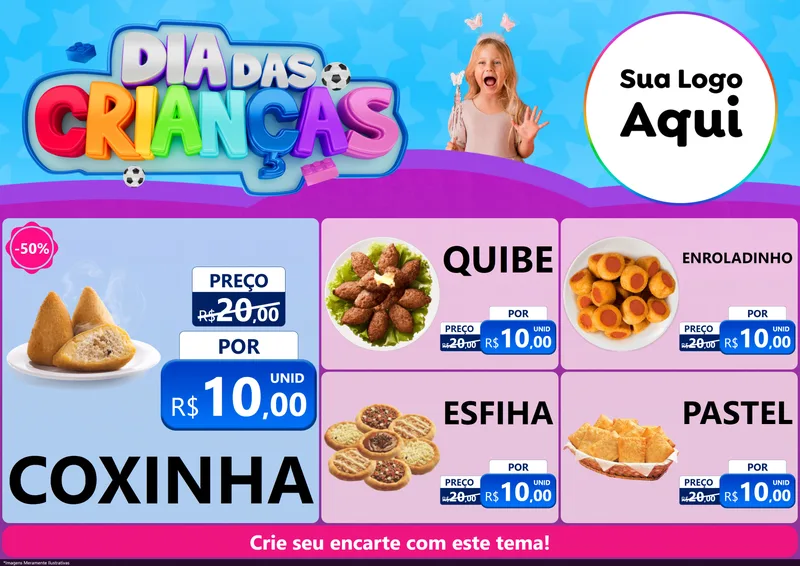 Modelo de Encarte para Encarte A4 Horizontal com o tema Dia Das Crianças para Salgadaria