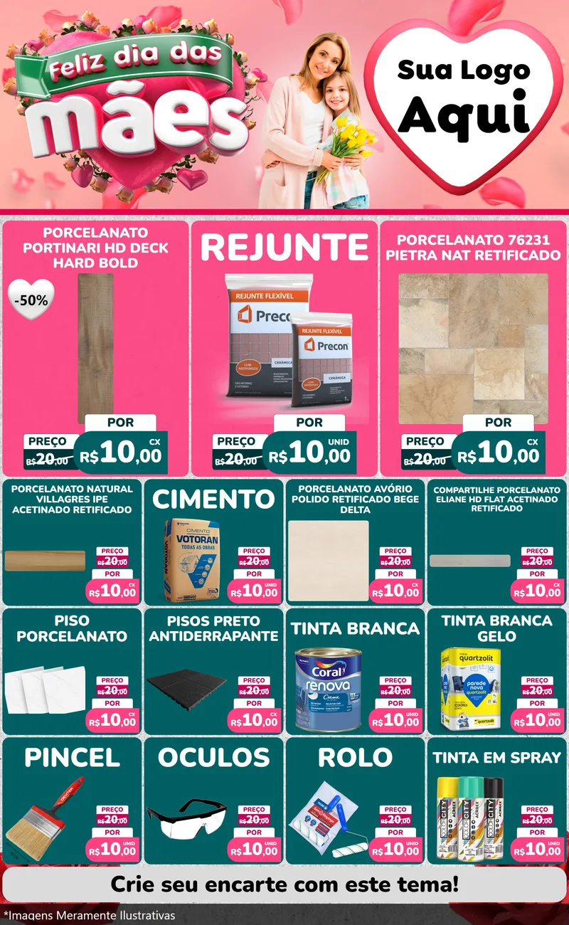 Modelo de Encarte para Encarte Grande com o tema Feliz Dia das Mães para Pisos e revestimentos