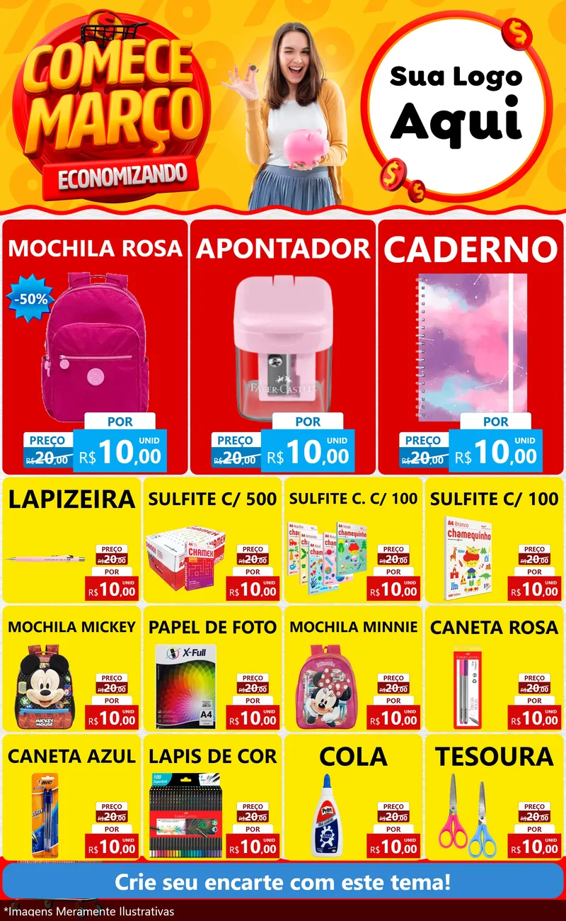 Modelo de Encarte para Encarte Grande com o tema Comece Março Economizando para Papelaria