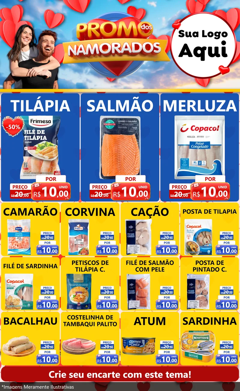 Modelo de Encarte para Encarte Grande com o tema Promo dos Namorados para Peixaria