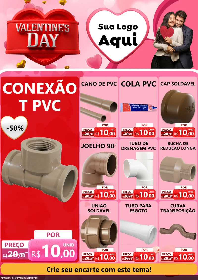 Modelo de Encarte para Encarte A4 Vertical com o tema Valentine's Day para Tubos e conexões