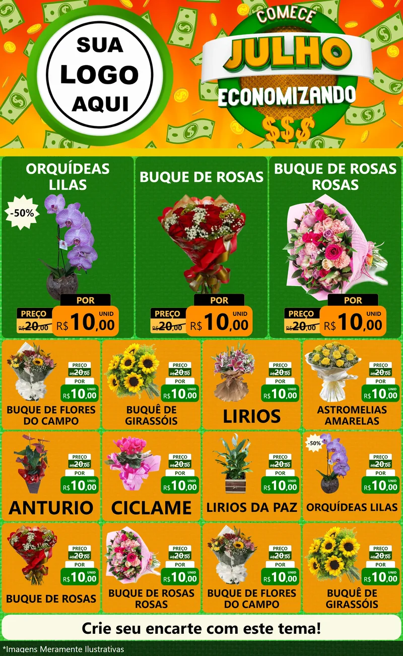 Modelo de Encarte para Encarte Grande com o tema Comece Julho Economizando para Floricultura e jardim