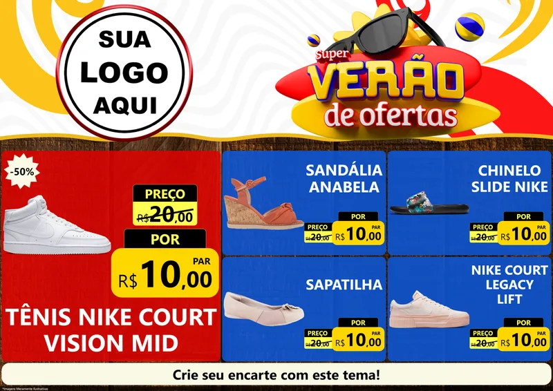 Modelo de Encarte para Encarte A4 Horizontal com o tema Super Verão de Ofertas para Calçados