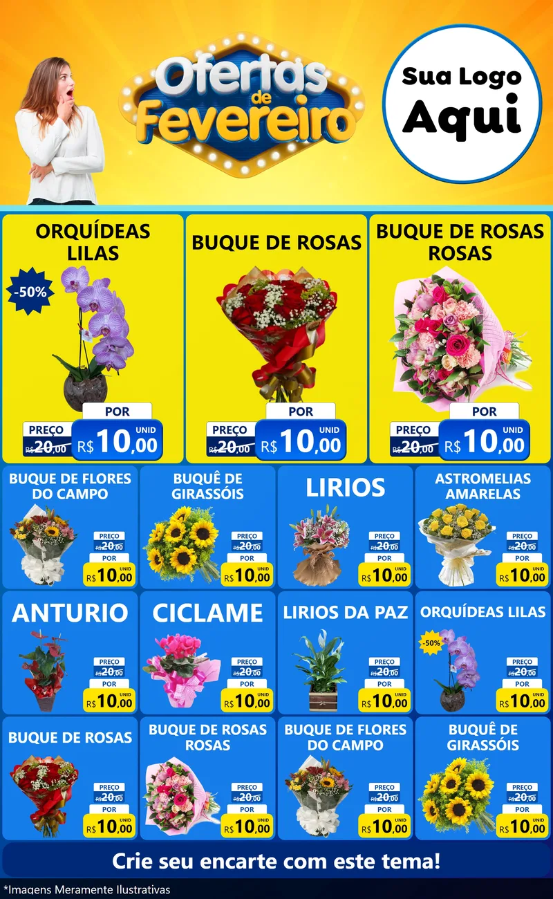 Modelo de Encarte para Encarte Grande com o tema Ofertas de Fevereiro para Floricultura e jardim