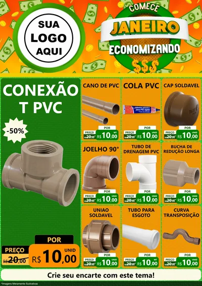 Modelo de Encarte para Encarte A4 Vertical com o tema Comece Janeiro Economizando para Tubos e conexões