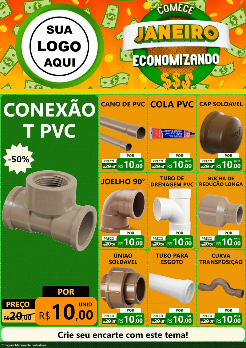 Modelo de Encarte para Encarte A4 Vertical com o tema Comece Janeiro Economizando para Tubos e conexões