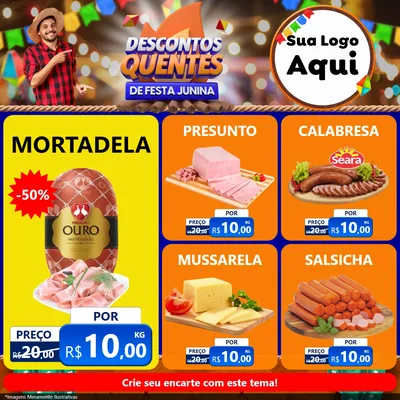 Modelo de Rede Social para Feed Facebook com o tema Descontos Quentes de Festa Junina para Frios e Laticínios