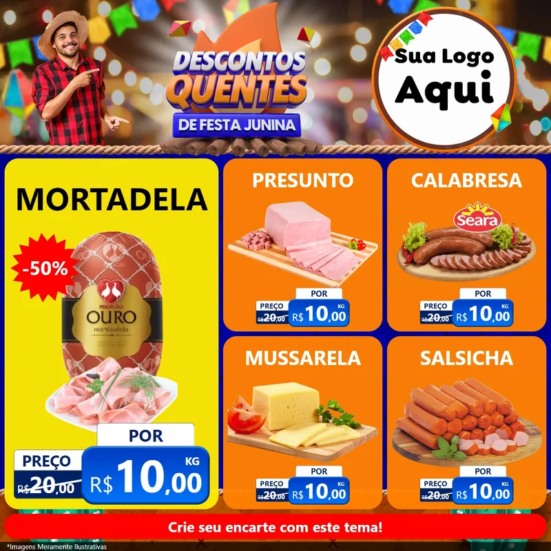 Modelo de Rede Social para Feed Facebook com o tema Descontos Quentes de Festa Junina para Frios e Laticínios