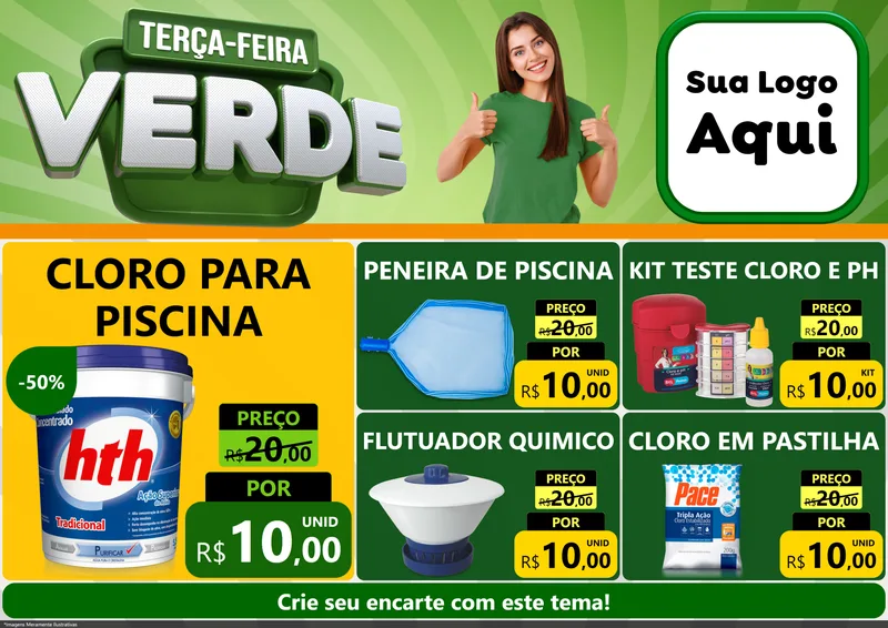 Modelo de Encarte para Encarte A4 Horizontal com o tema Terça - Feira Verde para Produtos para Piscina