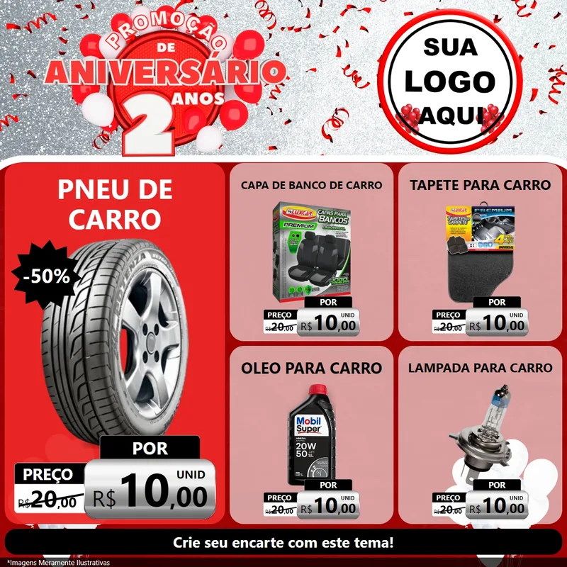 Modelo de Rede Social para Feed Facebook com o tema Promoção de Aniversário - 2 Anos para Auto peças