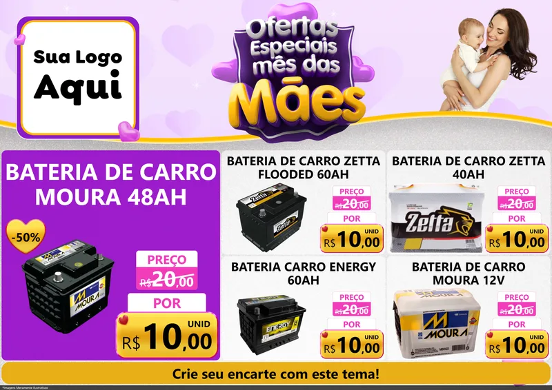 Modelo de Encarte para Encarte A4 Horizontal com o tema Ofertas Especiais - Mês das Mães para Baterias Elétricas