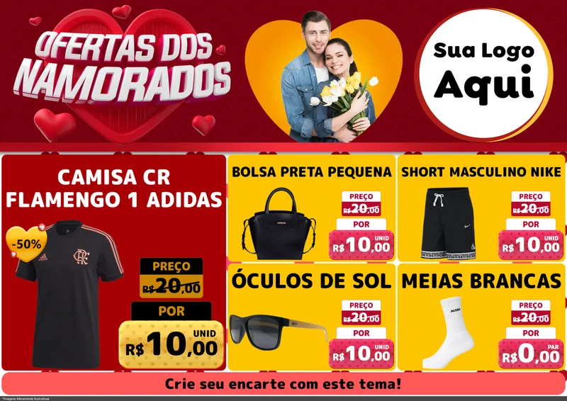 Modelo de Encarte para Encarte A4 Horizontal com o tema Ofertas Dos Namorados para Roupas e acessórios