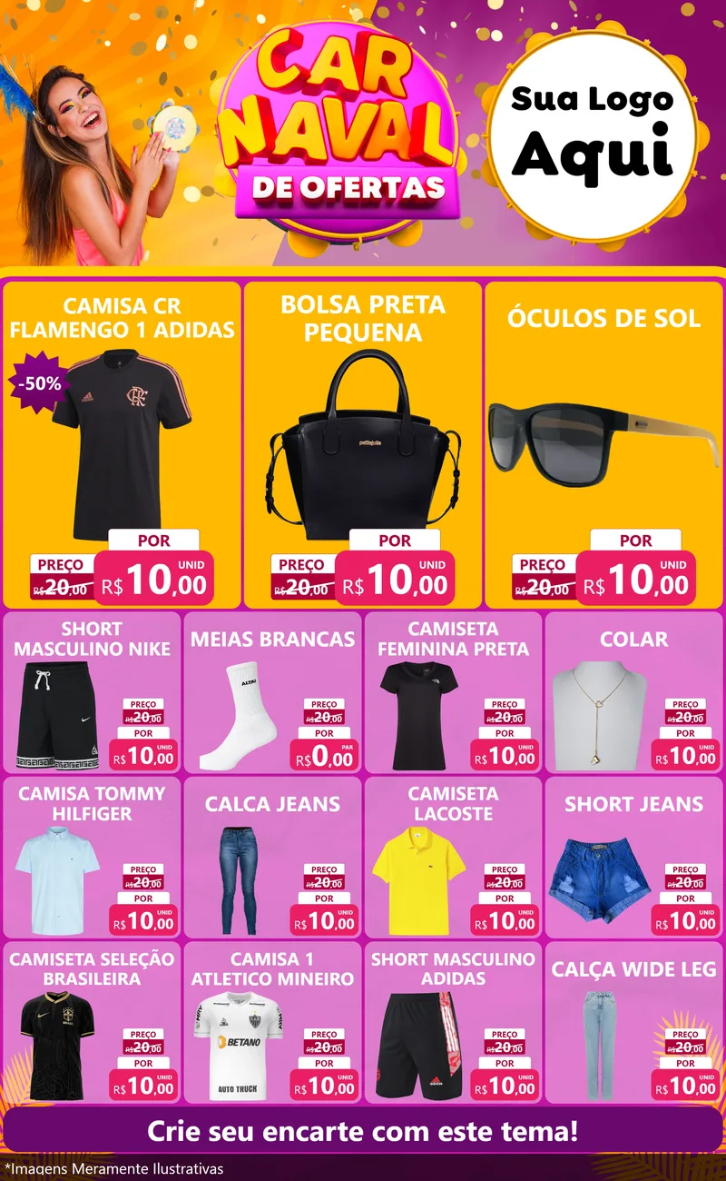 Modelo de Encarte para Encarte Grande com o tema Carnaval de Ofertas para Roupas e acessórios
