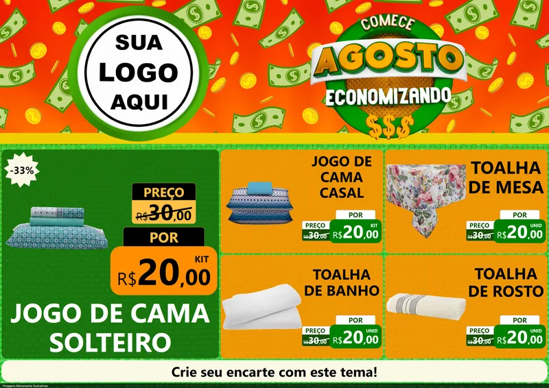 Modelo de Encarte para Encarte A4 Horizontal com o tema Comece Agosto Economizando para Cama, Mesa e Banho
