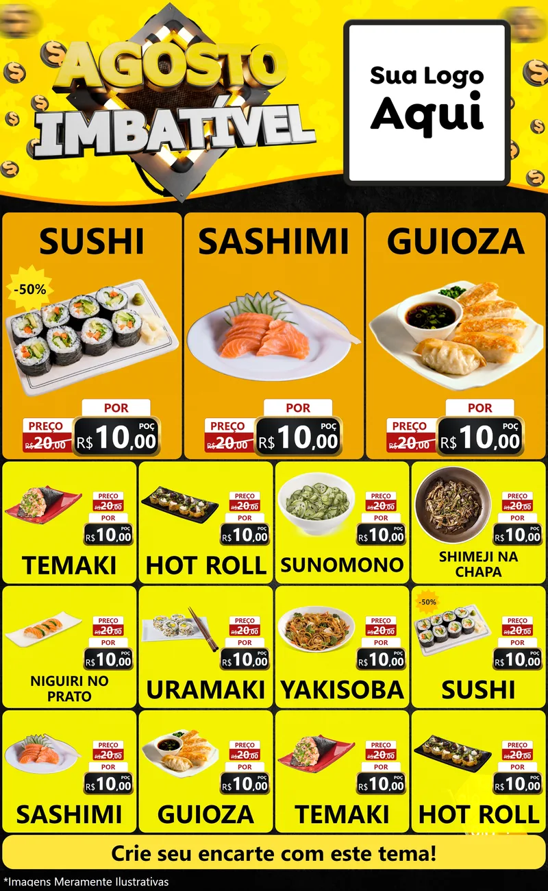Modelo de Encarte para Encarte Grande com o tema Agosto Imbatível para Comida japonesa