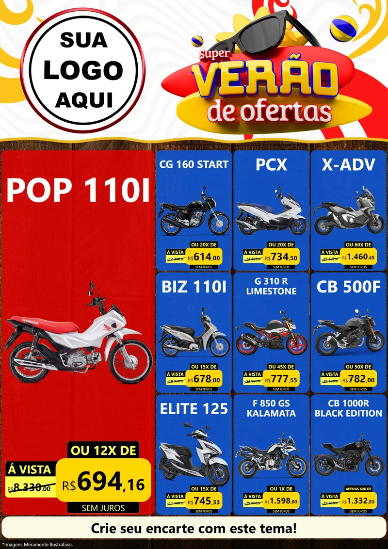 Modelo de Encarte para Encarte A4 Vertical com o tema Super Verão de Ofertas para Concessionaria de Motos
