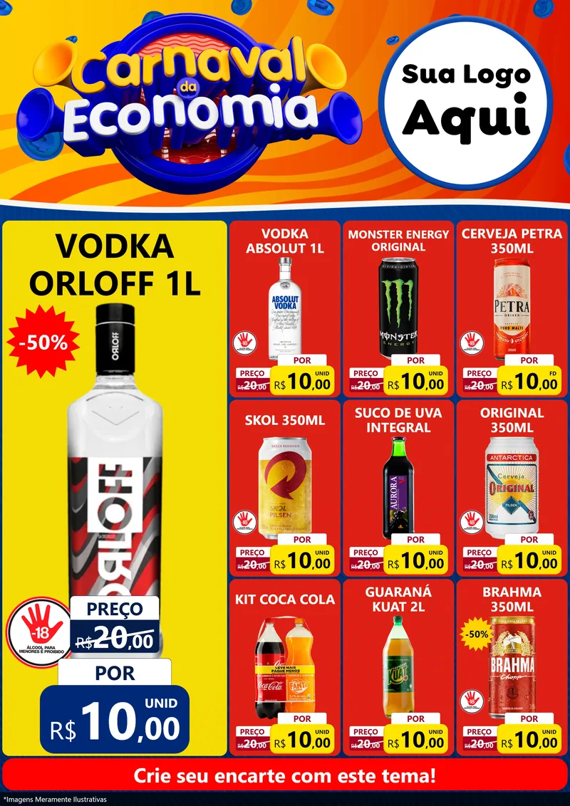 Modelo de Encarte para Encarte A4 Vertical com o tema Carnaval da Economia para Distribuidora de bebidas