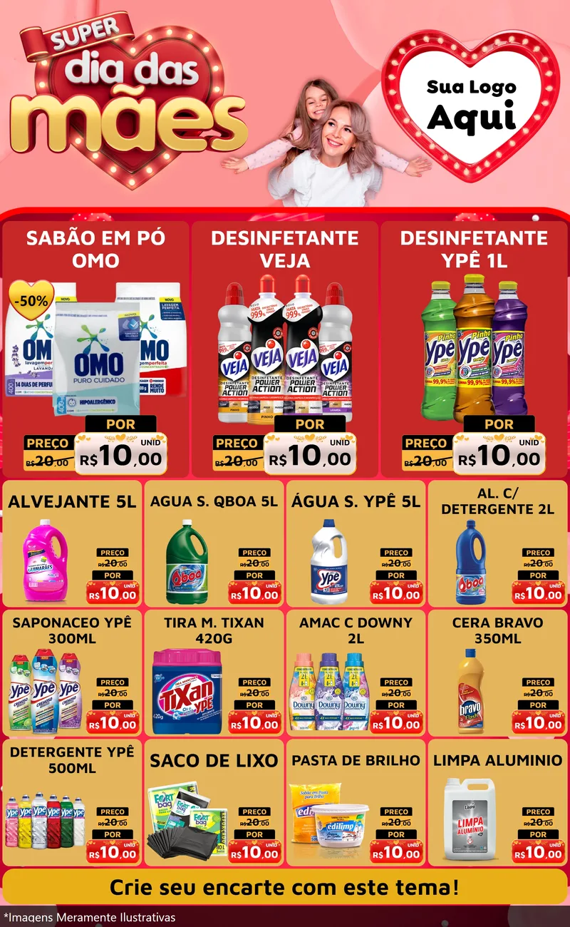 Modelo de Encarte para Encarte Grande com o tema Super Dia Das Mães para Produtos de Limpeza