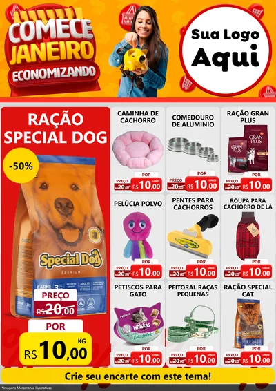 Modelo de Encarte para Encarte A4 Vertical com o tema Comece Janeiro Economizando para Pet Shop