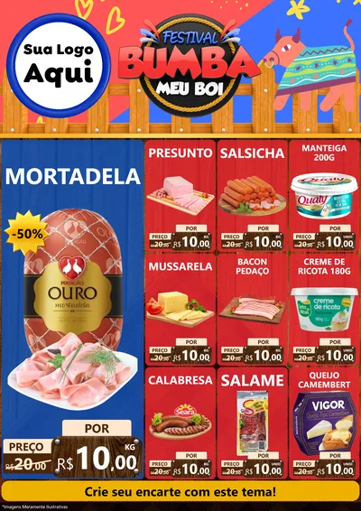 Modelo de Encarte para Encarte A4 Vertical com o tema Festival Bumba Meu Boi para Frios e Laticínios